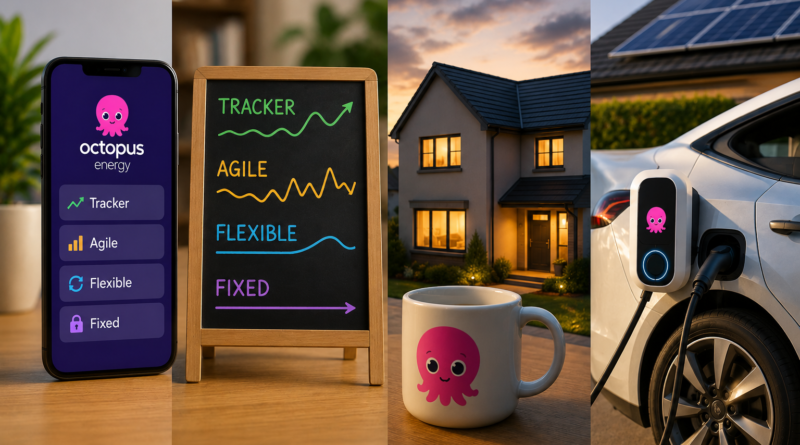 octopus tracker tariff comparison showing energy bills and a price comparison chart representing Octopus Tracker vs Agile vs Flexible vs Fixed tariff comparison rates savings and which tariff to choose in 2026