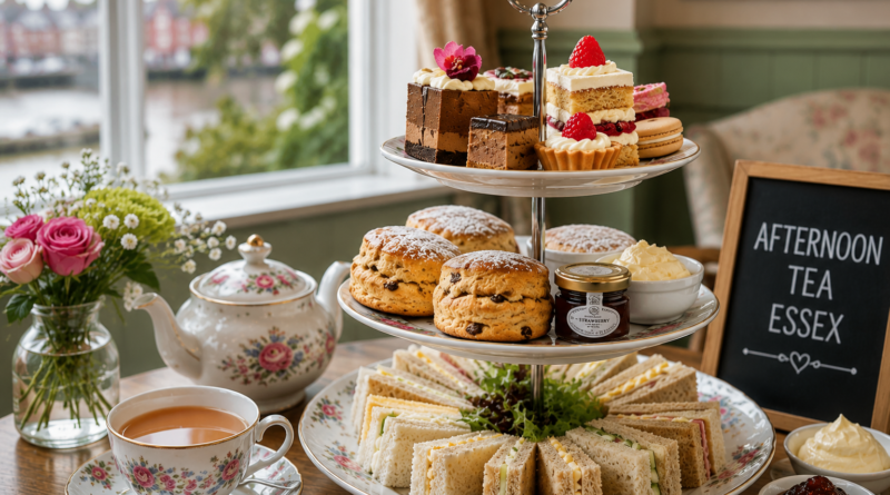 afternoon tea essex showing tiered cake stand with scones sandwiches and pastries in an Essex tearoom setting