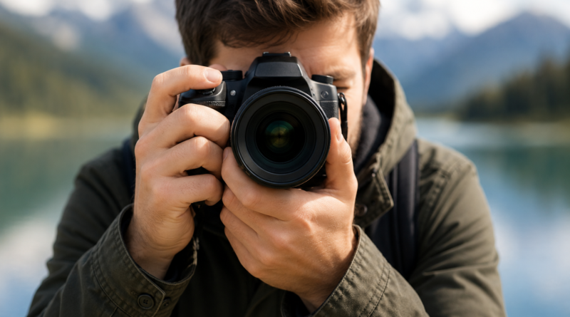 how to fix shaky hands photography showing correct two-hand camera grip with elbows tucked against body