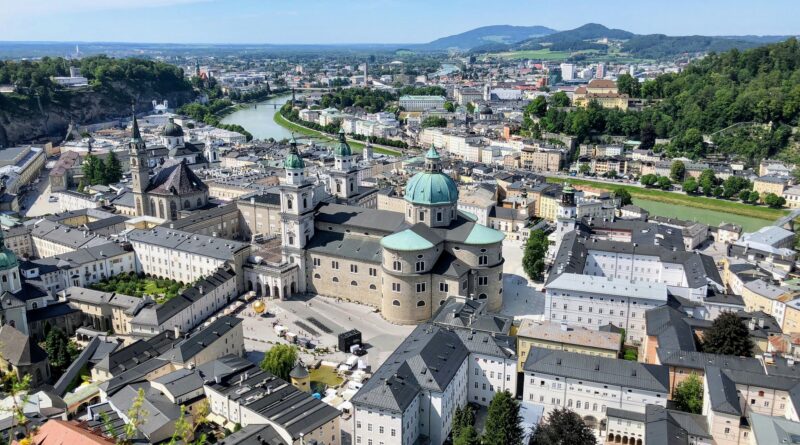 things to do in Salzburg showing Fortress Hohensalzburg castle on the hill above the Salzburg Old Town with the Salzach River and Baroque architecture in the foreground representing the top attractions in Salzburg Austria