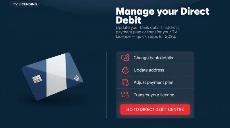 tv licence direct debit showing a bank card and TV Licensing logo representing how to change TV Licence direct debit bank details update address payment plans and transfer TV Licence in 2026