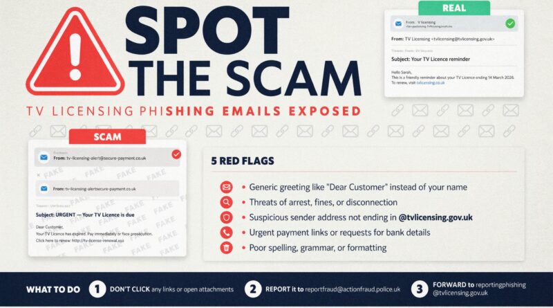 tv licence scam email showing a fraudulent TV Licensing phishing email representing how to spot TV Licence scam emails what real TV Licensing emails look like what to do if you receive one and how to report it