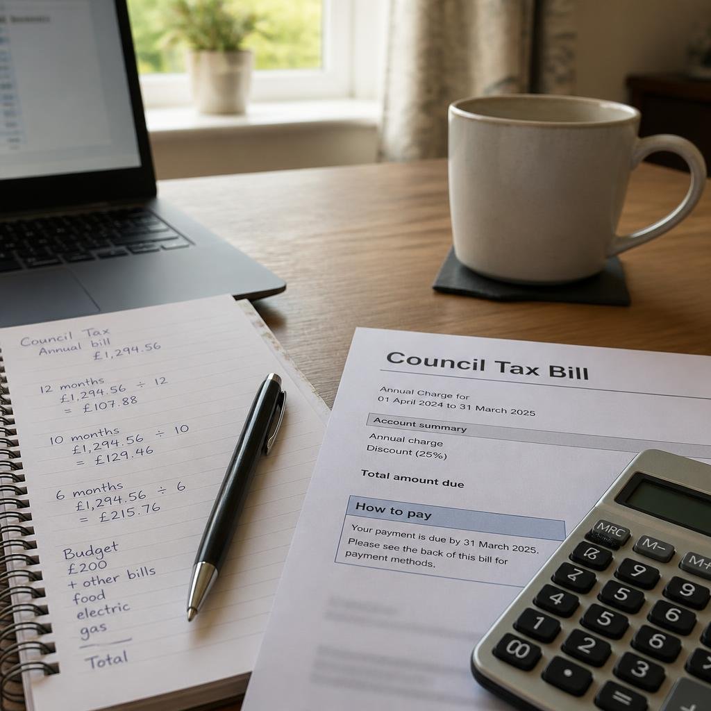 Calculator and Council Tax bill representing Leiston Band D payments