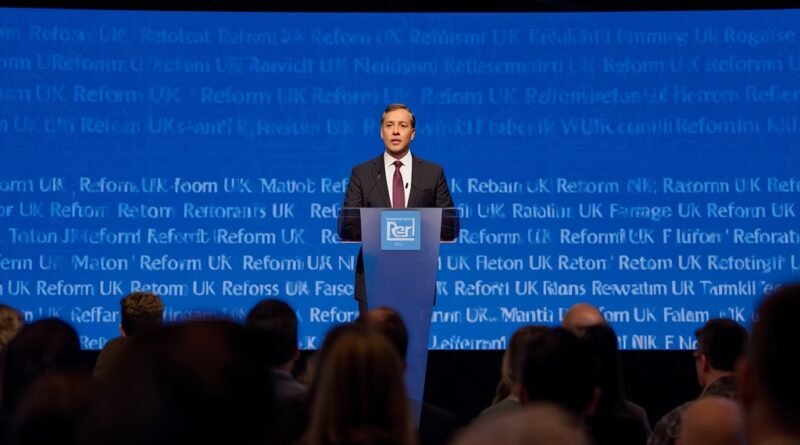 Nigel Farage speaking at a Reform UK conference in Birmingham