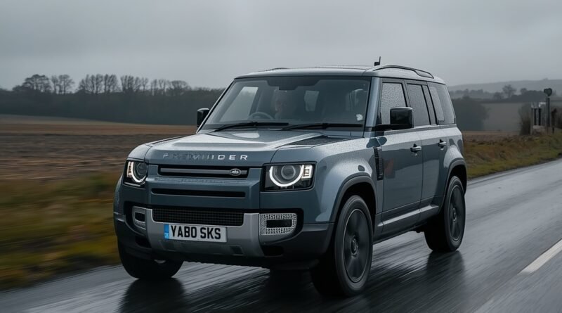 Land Rover Defender driving on a wet British countryside road
